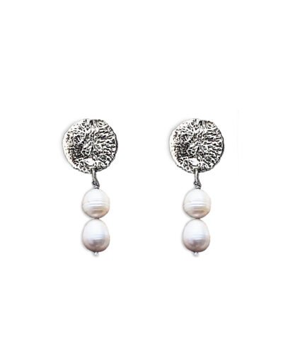Silver moon rustic dangling earrings with baroque pearls