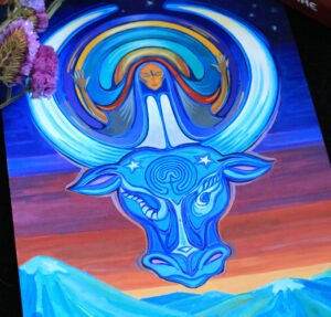 moon symbol bull horns and moon goddess painting