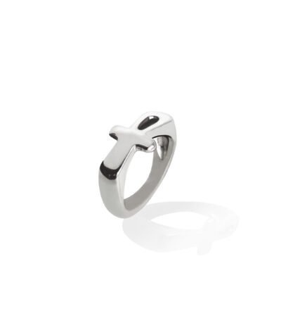 Handcrafted silver ring featuring an ankh cross, symbol of life in ancient Egyptian mythology. The ring has a smooth, polished finish with detailing around the ankh, capturing the timeless mystique of Egyptian symbolism