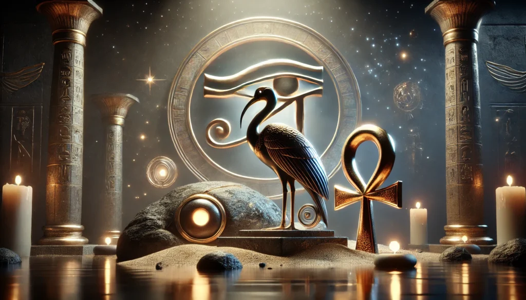 a scarab beetle, an ibis, a glowing gold ankh, and the Eye of Horus