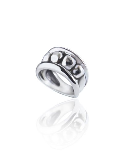 Silver ring inspired by ancient Greek Ionic columns, featuring a bold design with a dark aesthetic