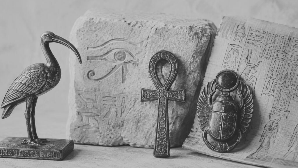Scarab beetle for rebirth and transformation, sacred ibis symbolizing Thoth’s divine wisdom, glowing gold ankh representing eternal life, and the Eye of Horus for protection, healing, and sacred balance - an ensemble of powerful ancient Egyptian symbols