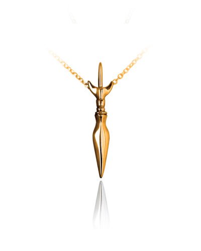 Front view of Mandaya sword pendant on white background — handcrafted vermeil gold necklace inspired by Mindanao's ceremonial weapons.