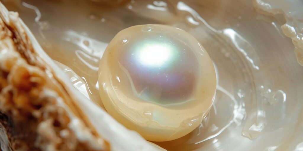 Close-up of a pearl inside a shell, symbolizing the hidden meanings, beauty, and mystical significance of pearls in mythology and nature