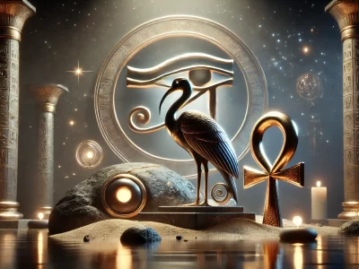 a scarab beetle, an ibis, a glowing gold ankh, and the Eye of Horus